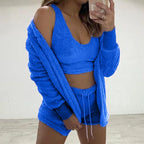Three Piece Sexy Fluffy Outfits Coat+Shorts+Crop