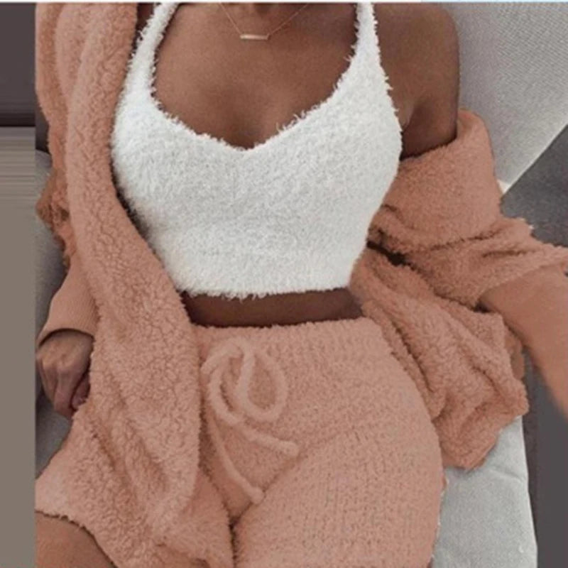 Three Piece Sexy Fluffy Outfits Coat+Shorts+Crop