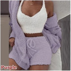 Three Piece Sexy Fluffy Outfits Coat+Shorts+Crop