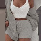 Three Piece Sexy Fluffy Outfits Coat+Shorts+Crop