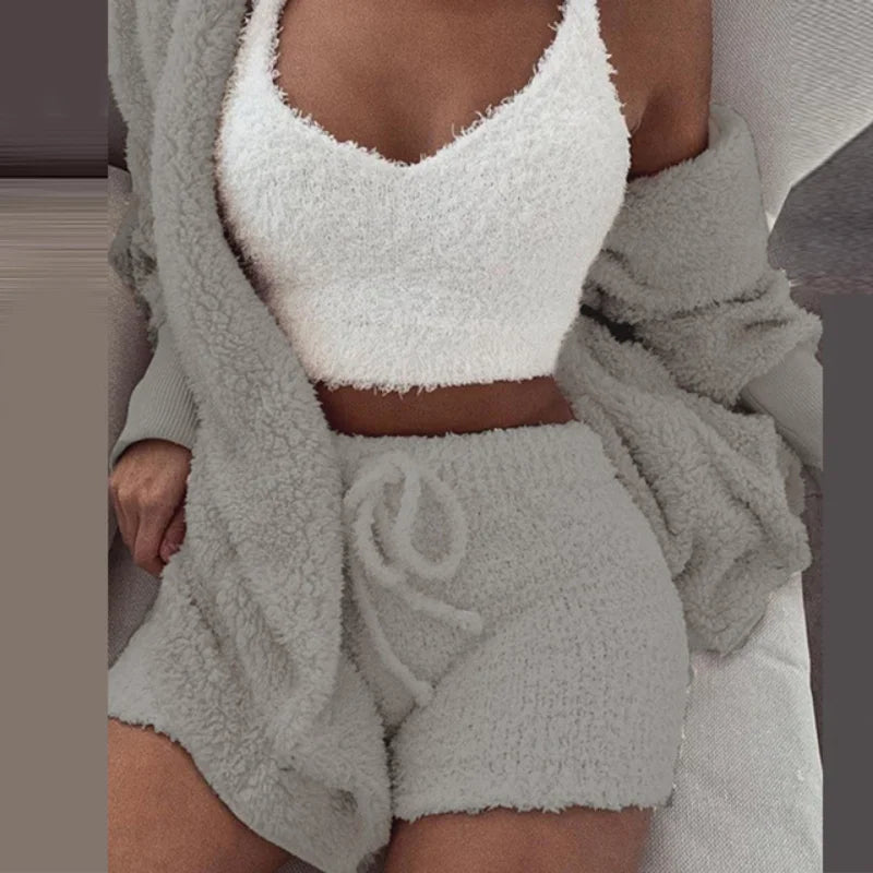 Three Piece Sexy Fluffy Outfits Coat+Shorts+Crop