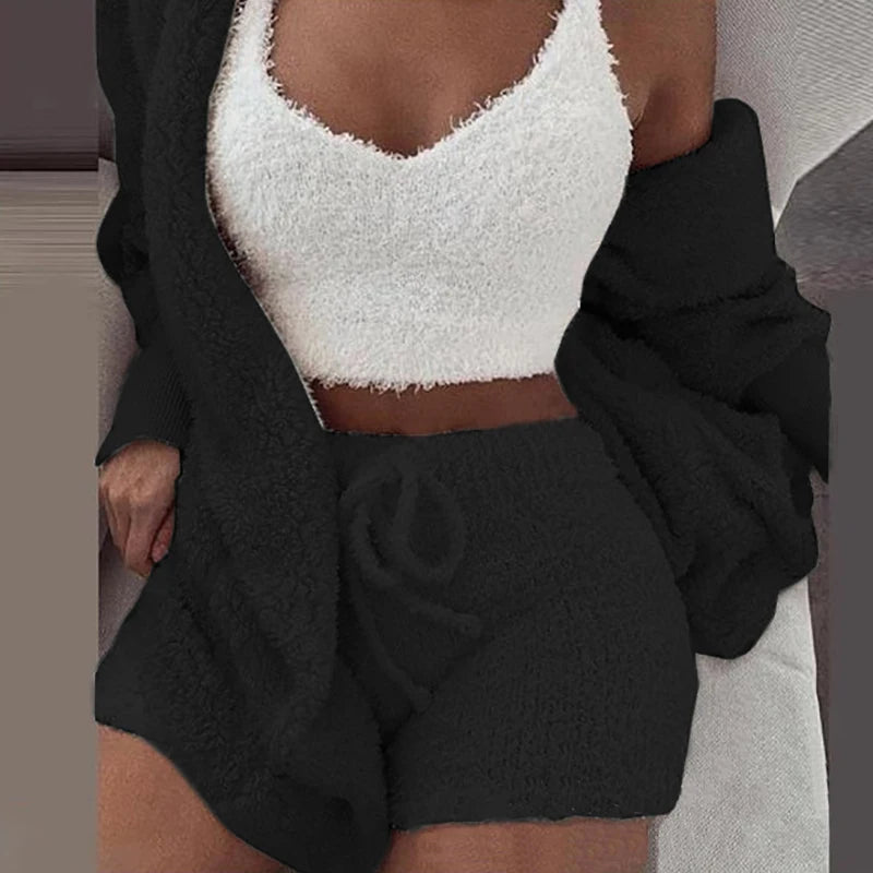 Three Piece Sexy Fluffy Outfits Coat+Shorts+Crop