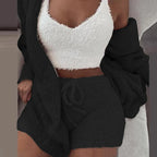Three Piece Sexy Fluffy Outfits Coat+Shorts+Crop