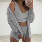 Three Piece Sexy Fluffy Outfits Coat+Shorts+Crop