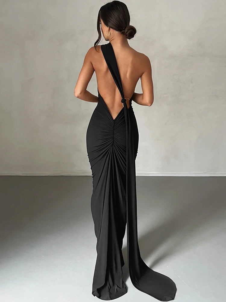 One Shoulder Backless Adjustable Scarf Loop Dress