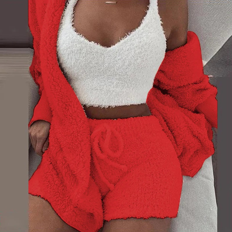 Three Piece Sexy Fluffy Outfits Coat+Shorts+Crop