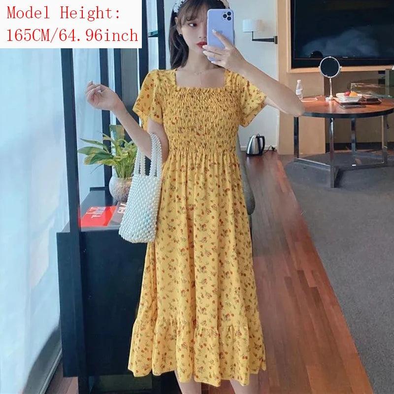 Mini Dresses Elastic Bust Printed Floral Pleated