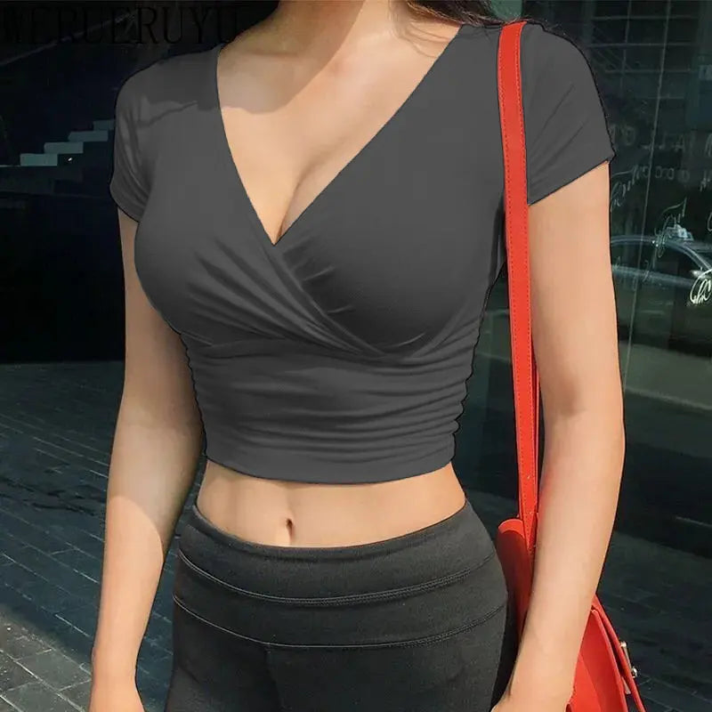 Sexy V-neck T-shirt Short Sleeve Korean Fashion