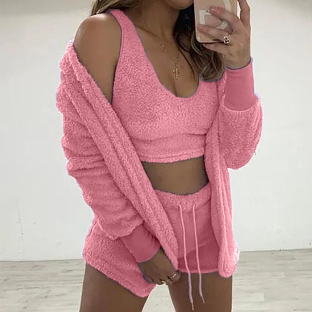 Three Piece Sexy Fluffy Outfits Coat+Shorts+Crop