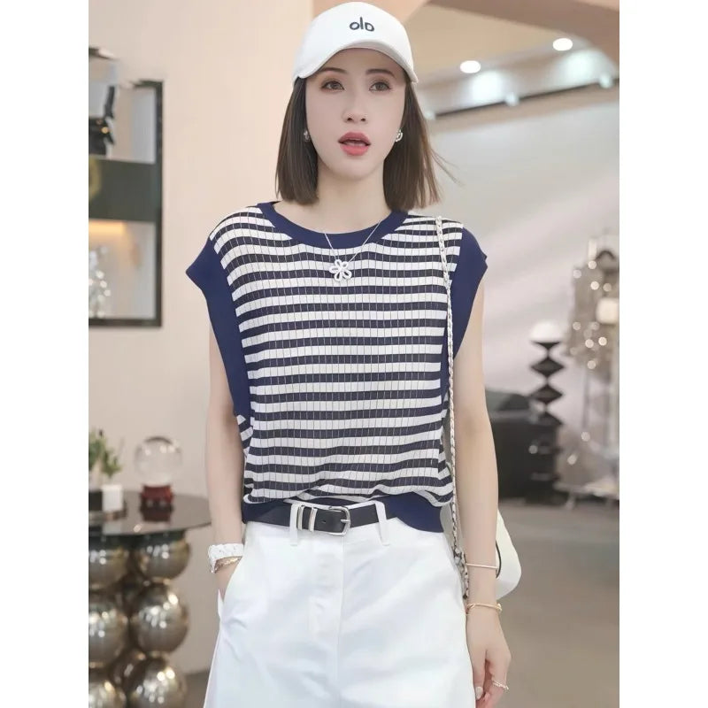 Hollow Out Striped Sleeveless Knitted T-shirt