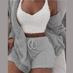 Three Piece Sexy Fluffy Outfits Coat+Shorts+Crop