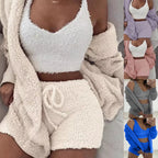 Three Piece Sexy Fluffy Outfits Coat+Shorts+Crop
