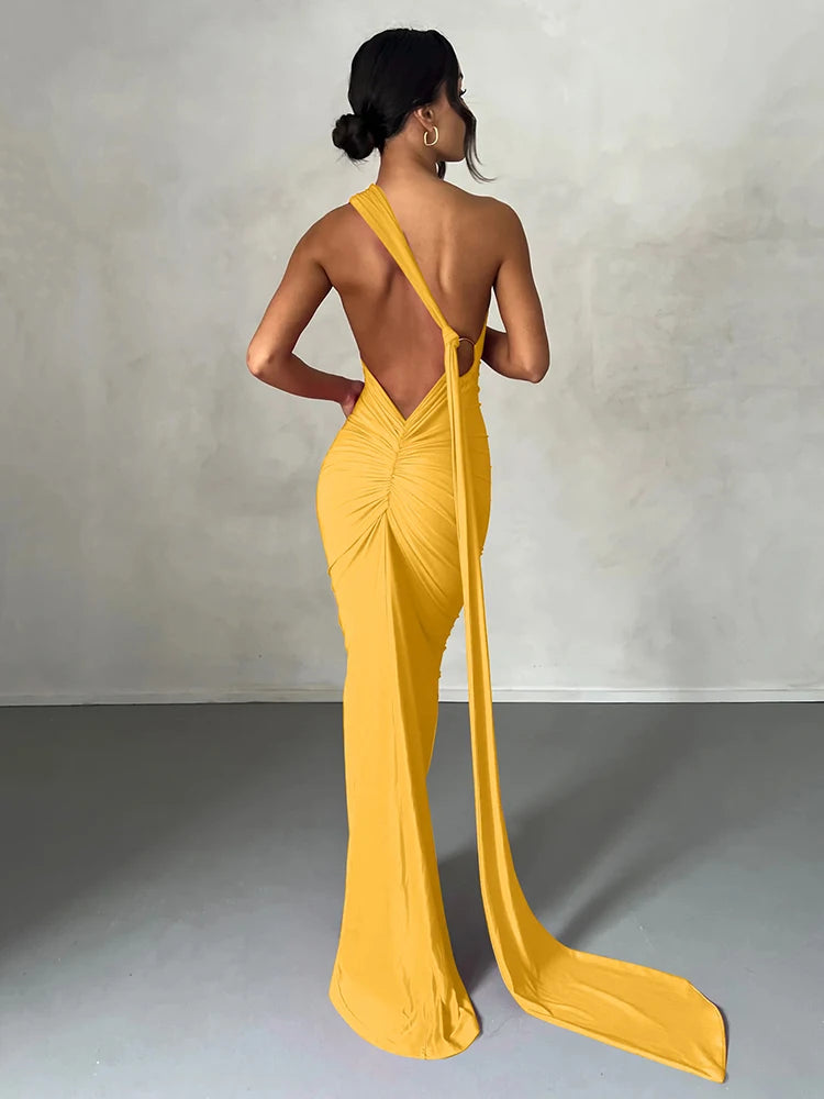 One Shoulder Backless Adjustable Scarf Loop Dress