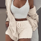 Three Piece Sexy Fluffy Outfits Coat+Shorts+Crop