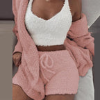 Three Piece Sexy Fluffy Outfits Coat+Shorts+Crop