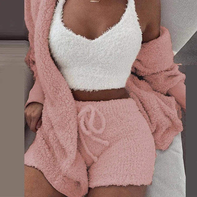 Three Piece Sexy Fluffy Outfits Coat+Shorts+Crop