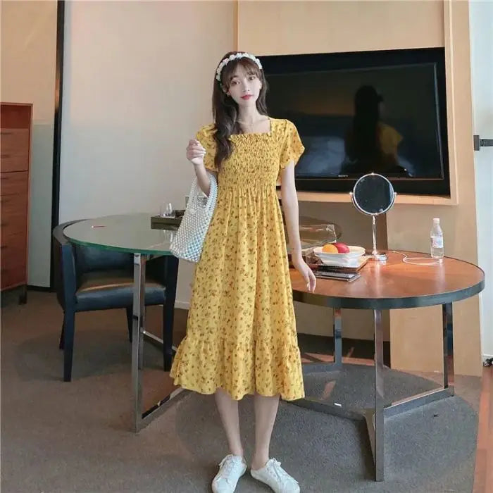 Mini Dresses Elastic Bust Printed Floral Pleated