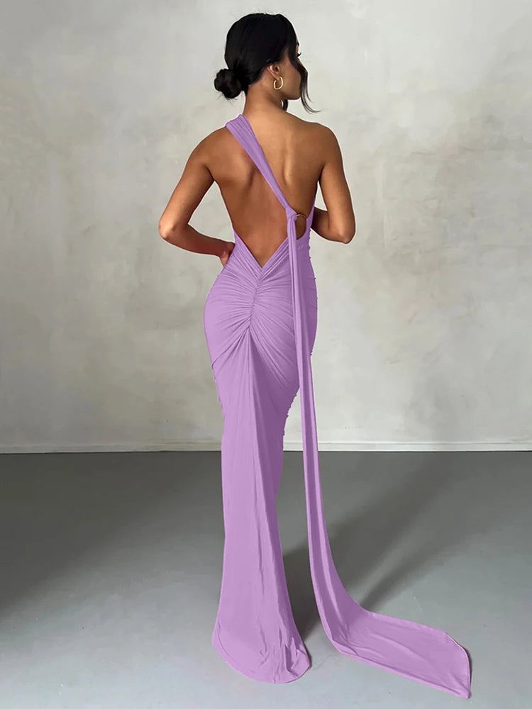 One Shoulder Backless Adjustable Scarf Loop Dress