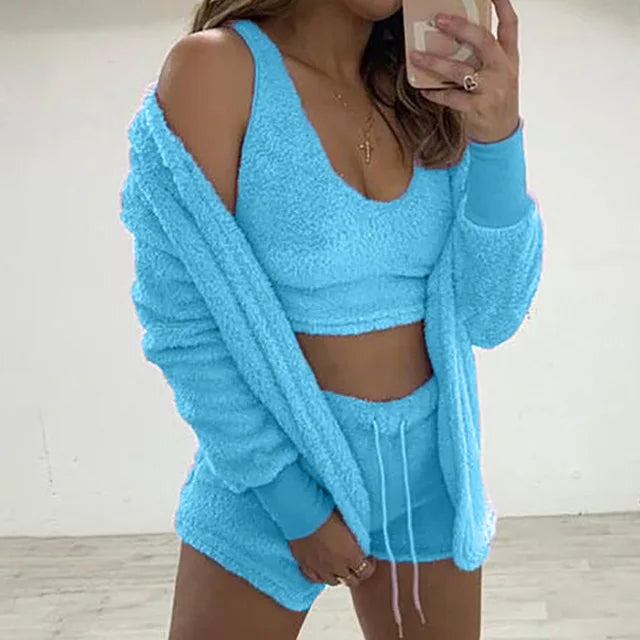 Three Piece Sexy Fluffy Outfits Coat+Shorts+Crop