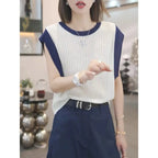 Hollow Out Striped Sleeveless Knitted T-shirt