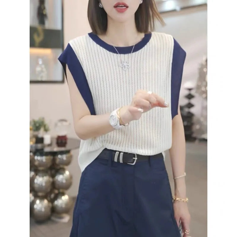 Hollow Out Striped Sleeveless Knitted T-shirt