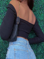 Hollow-Out V-neck Long Sleeve Crop Top