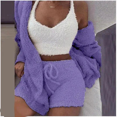 Three Piece Sexy Fluffy Outfits Coat+Shorts+Crop