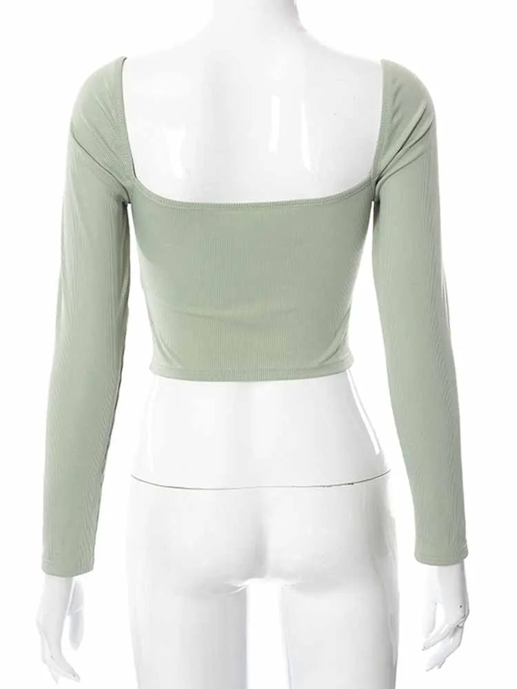 Hollow-Out V-neck Long Sleeve Crop Top