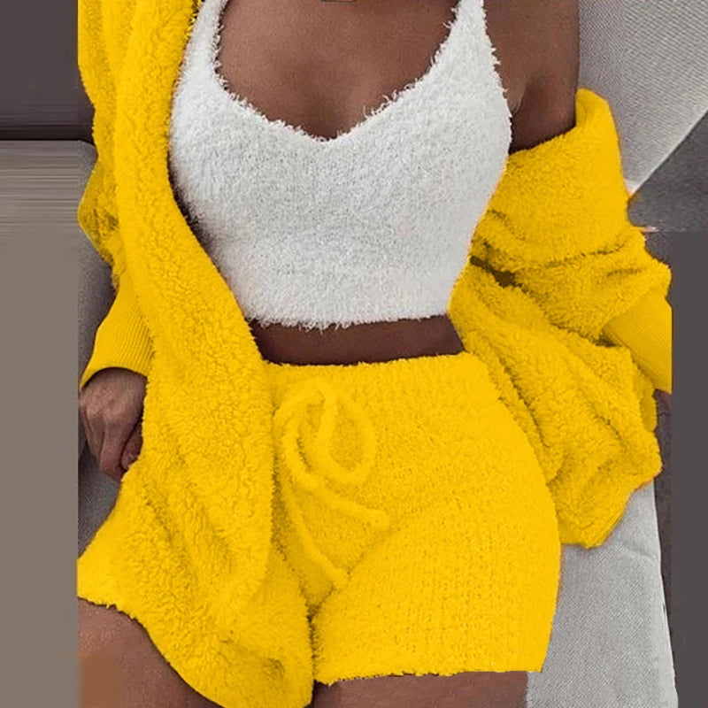 Three Piece Sexy Fluffy Outfits Coat+Shorts+Crop