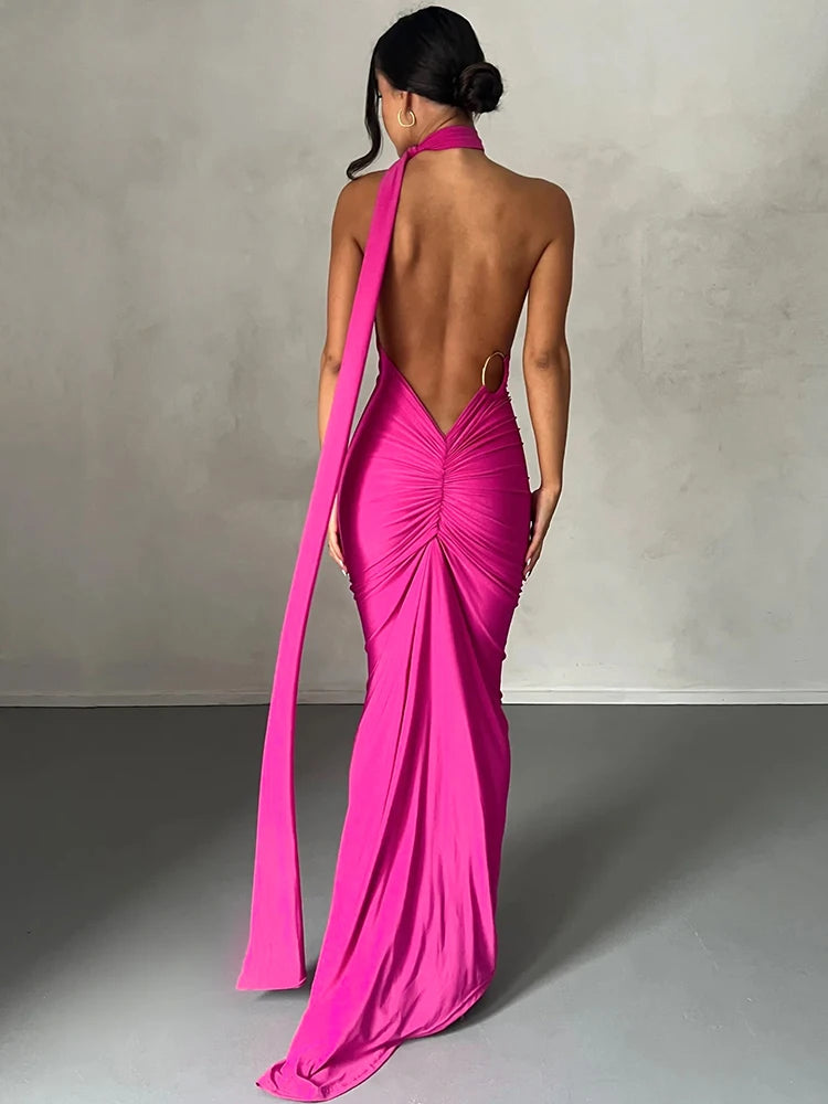 One Shoulder Backless Adjustable Scarf Loop Dress