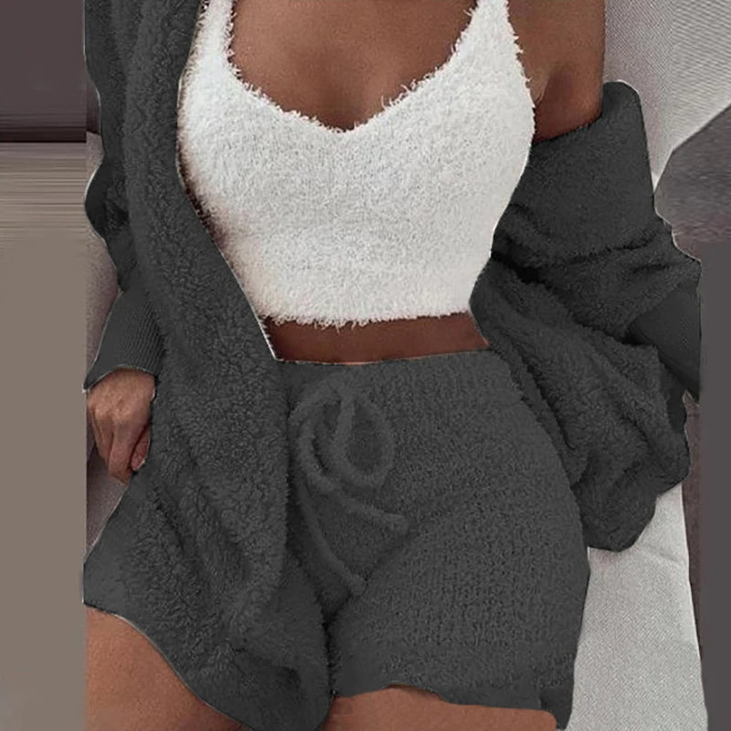 Three Piece Sexy Fluffy Outfits Coat+Shorts+Crop