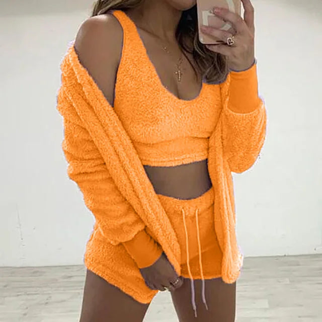 Three Piece Sexy Fluffy Outfits Coat+Shorts+Crop