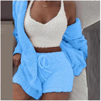 Three Piece Sexy Fluffy Outfits Coat+Shorts+Crop