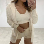 Three Piece Sexy Fluffy Outfits Coat+Shorts+Crop