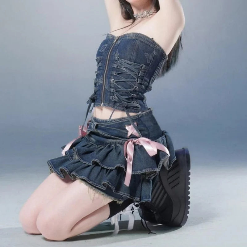 Blue Denim Pleated Skirt