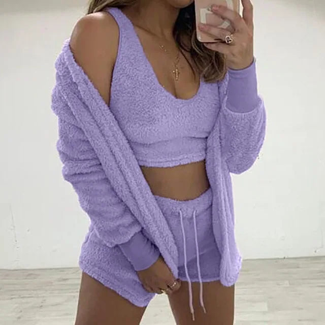 Three Piece Sexy Fluffy Outfits Coat+Shorts+Crop