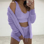 Three Piece Sexy Fluffy Outfits Coat+Shorts+Crop