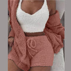 Three Piece Sexy Fluffy Outfits Coat+Shorts+Crop