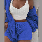 Three Piece Sexy Fluffy Outfits Coat+Shorts+Crop