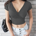 Sexy V-neck T-shirt Short Sleeve Korean Fashion