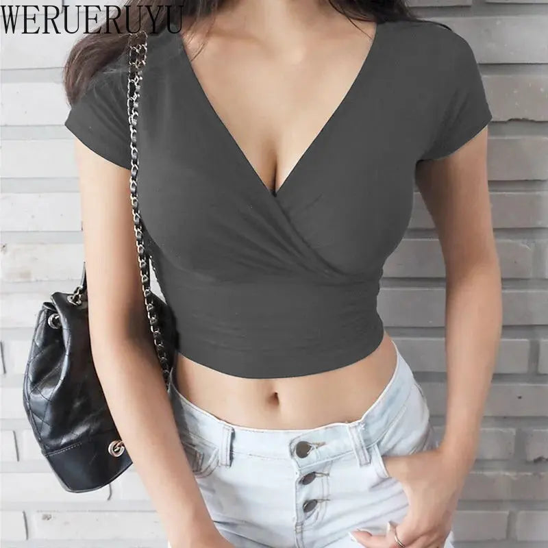 Sexy V-neck T-shirt Short Sleeve Korean Fashion