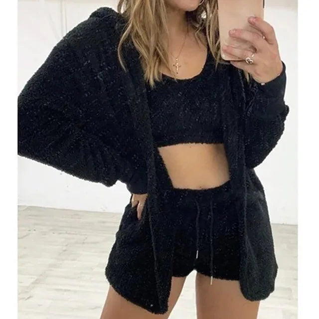 Three Piece Sexy Fluffy Outfits Coat+Shorts+Crop