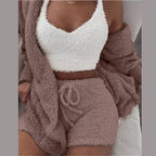 Three Piece Sexy Fluffy Outfits Coat+Shorts+Crop
