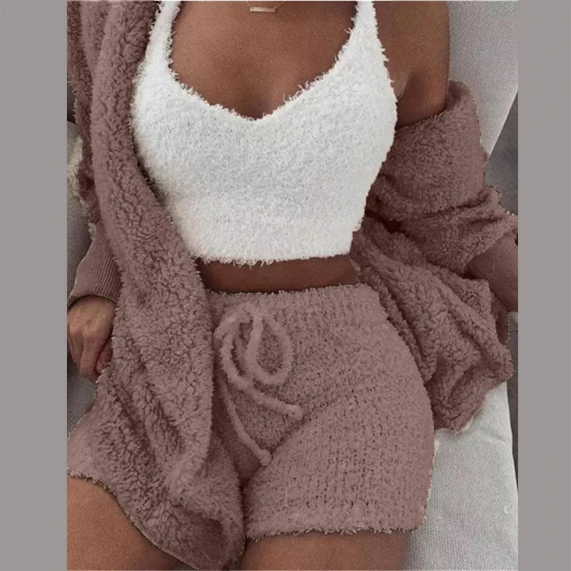 Three Piece Sexy Fluffy Outfits Coat+Shorts+Crop