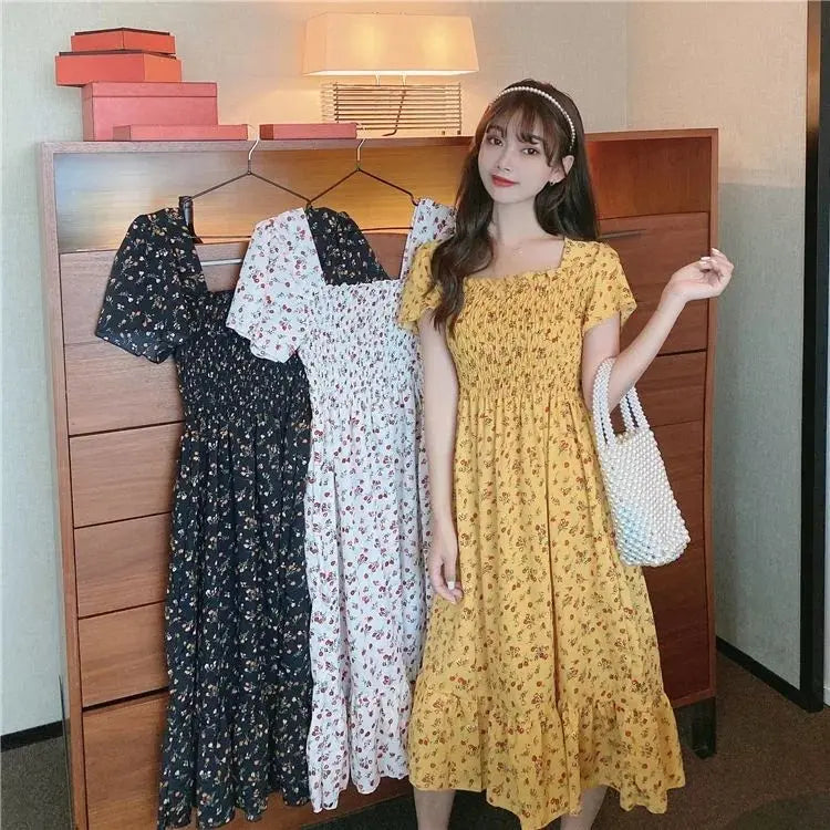 Mini Dresses Elastic Bust Printed Floral Pleated