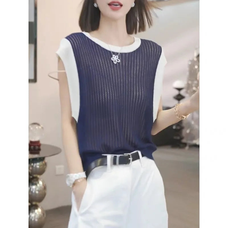 Hollow Out Striped Sleeveless Knitted T-shirt
