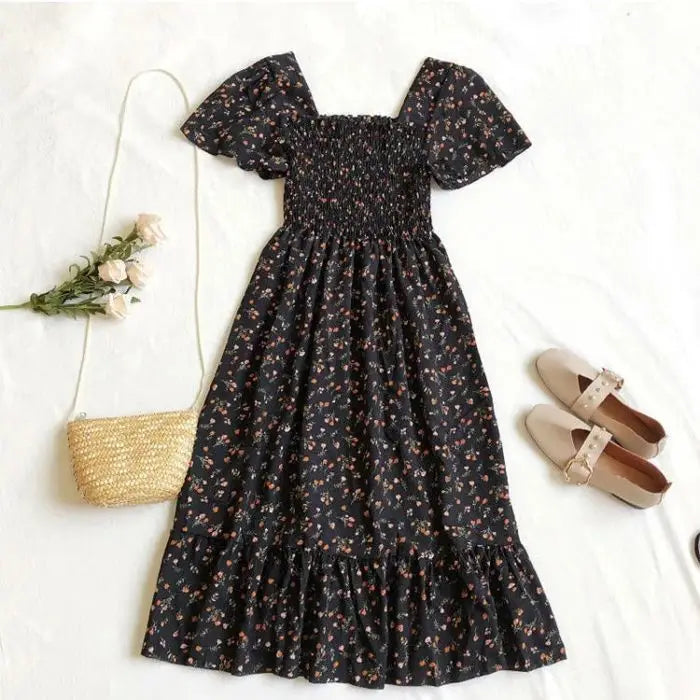 Mini Dresses Elastic Bust Printed Floral Pleated