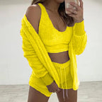 Three Piece Sexy Fluffy Outfits Coat+Shorts+Crop