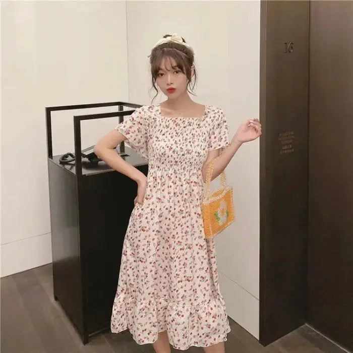 Mini Dresses Elastic Bust Printed Floral Pleated