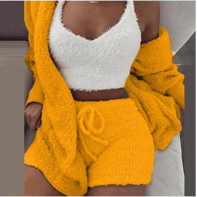 Three Piece Sexy Fluffy Outfits Coat+Shorts+Crop